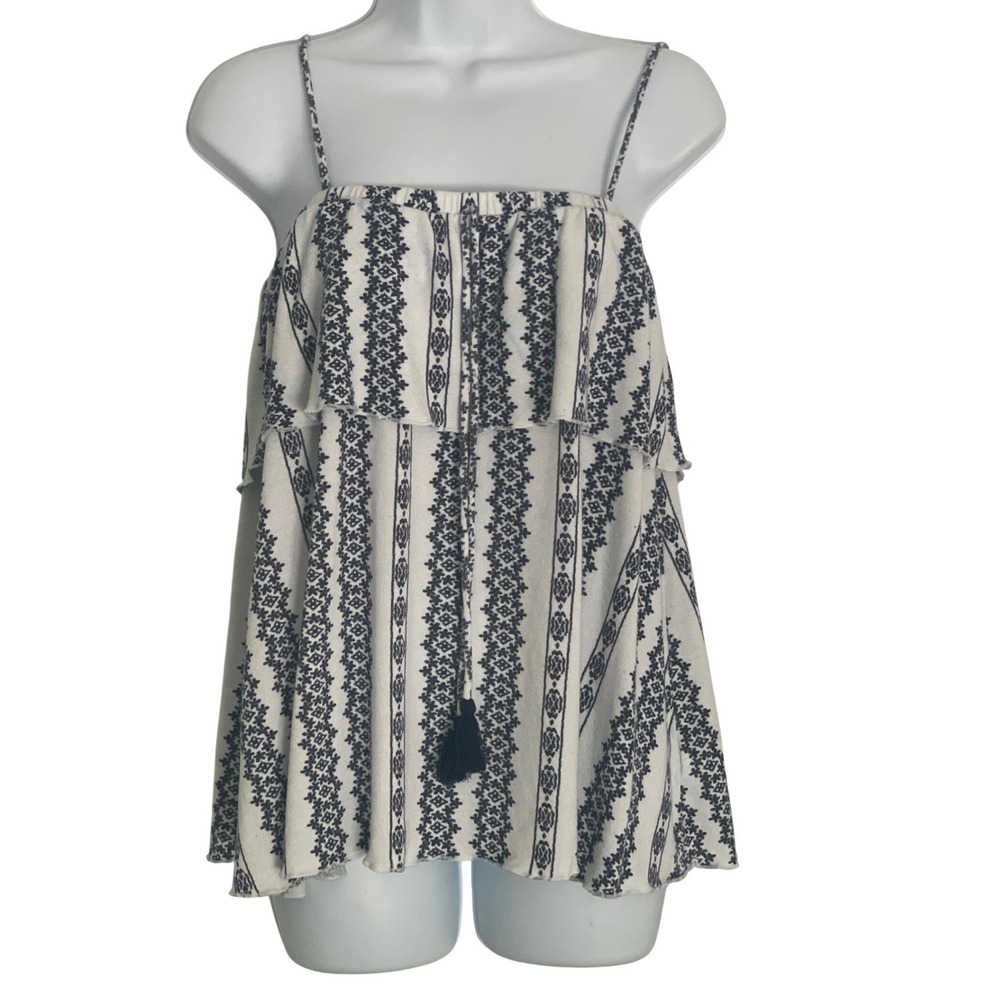 Gap Womens Boho Geometric Cami Tank Top Ruffle Tassel White Blue Small